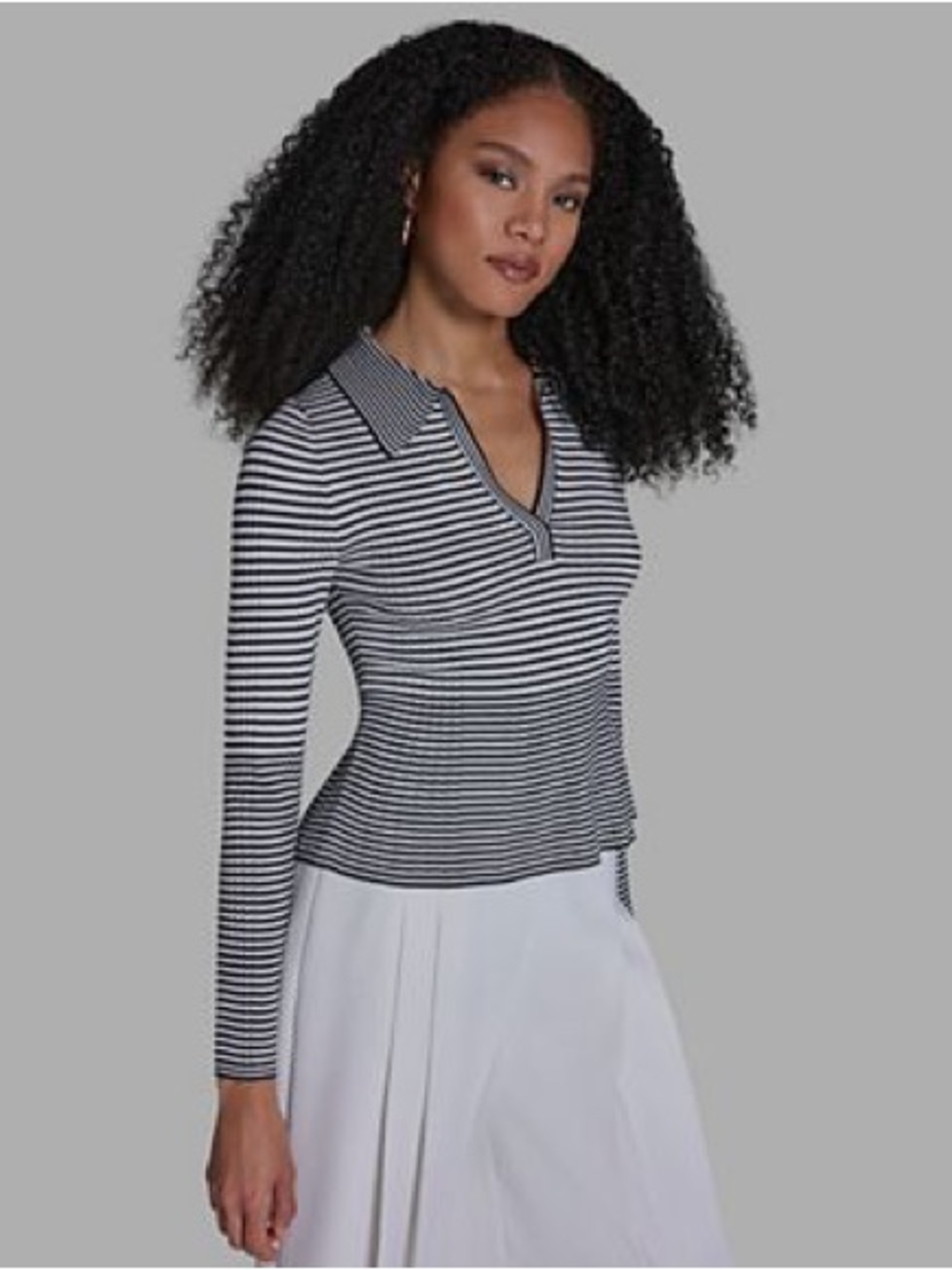 BCBG Black and White Striped Long-Sleeve Polo Top